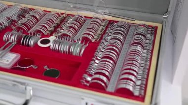 Eyeglasses selection on modern diagnostic equipment in an ophthalmic clinic. Modern diagnostic equipment in ophthalmic clinic.