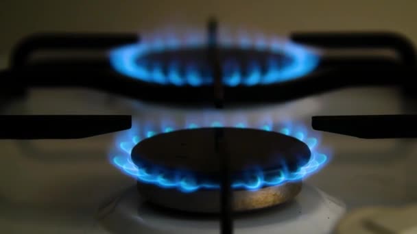 El quemador de gas arde con la llama azul de una estufa de propano butano  en una cocina casera o restaurante