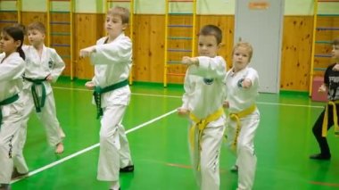 KYIV, UKRAINE - 16 Kasım 2023 Çocuk Tekvandosu. Çocuk tekvando bölümü. Okulun spor salonunun tekvando bölümünde pratik yapan çocuklar. Tekvando bölümünde eğitim gören çocuklar - editör görüntüleri
