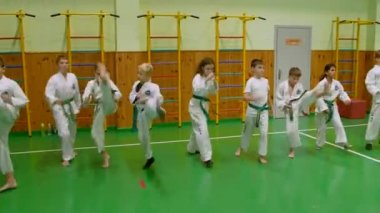 KYIV, UKRAINE - 16 Kasım 2023 Çocuk Tekvandosu. Çocuklar tekvando yarışmasına hazırlanıyor. Çocuk tekvando bölümü. Okul jimnastik salonunun tekvando bölümünde pratik yapan çocuklar - editör görüntüleri