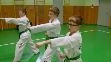 KYIV, UKRAINE - 16 Kasım 2023 Çocuk Tekvandosu. Çocuklar tekvando yarışmasına hazırlanıyor. Çocuk tekvando bölümü. Okul jimnastik salonunun tekvando bölümünde pratik yapan çocuklar - editör görüntüleri