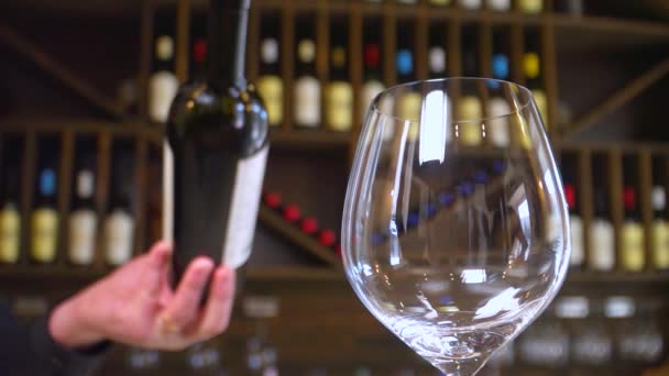 赤ワインは美しくガラスに注がれています バーテンダーは赤ワインをグラスに注いでいる ワインの生産 — ストック動画