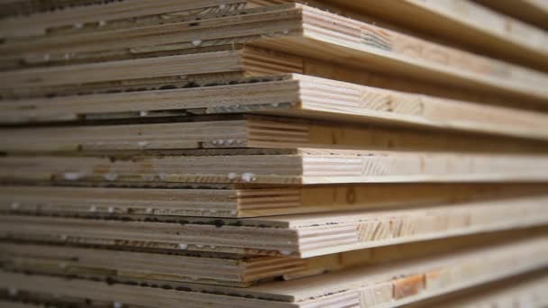 生产硬木地板和层压板地板的工厂 带花束板的输送机 成品层压板地板仓库 — 图库视频影像
