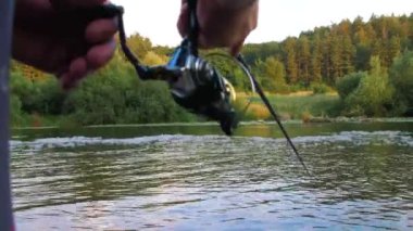 Balıkçının elleri oltanın makarasını çeviriyor. Bir balıkçı nehirde balık yakalıyor.. 