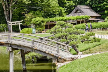 OKAYAMA, JAPONYA - 22 Mayıs 2023: Japonya 'nın Okayama kentinde popüler bir turizm merkezi olan güzel Korakuen Bahçesi' nde sakin bir yürüyüş yapan ziyaretçiler. 
