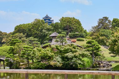 OKAYAMA, JAPONYA - 22 Mayıs 2023: Japonya 'nın Okayama kentinde popüler bir turizm merkezi olan güzel Korakuen Bahçesi' nde sakin bir yürüyüş yapan ziyaretçiler. 