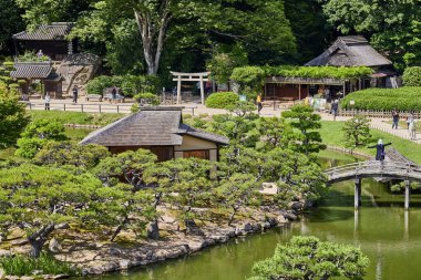 OKAYAMA, JAPONYA - 22 Mayıs 2023: Japonya 'nın Okayama kentinde popüler bir turizm merkezi olan güzel Korakuen Bahçesi' nde sakin bir yürüyüş yapan ziyaretçiler. 