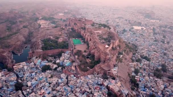 Vista Aérea Drone Ciudad Azul Fuerte Mehrangarh Jodhpur Rajasthan India — Vídeos de Stock