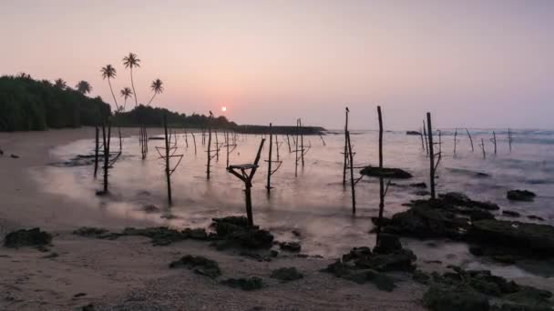 Время Истекло Stilt Рыболовные Палочки Шри Ланке Восходе Солнца — стоковое видео