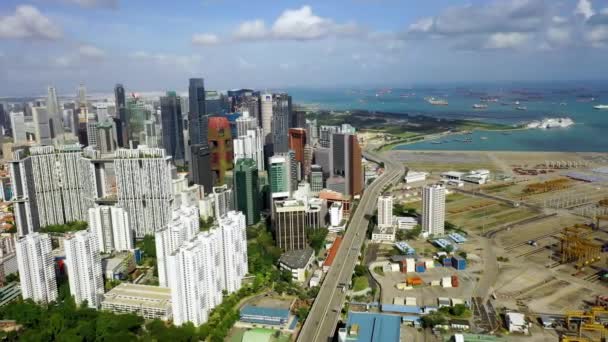 Drone Aerial View Footage Container Terminal Central Business District Singapore — Stock videók