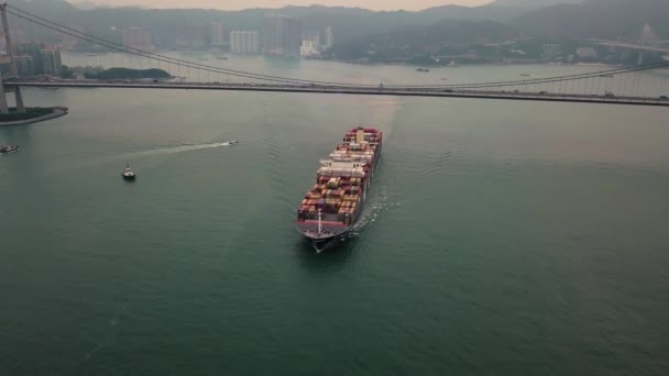 Drone Vidéo Aérienne Navire Conteneur Océan Hong Kong — Video