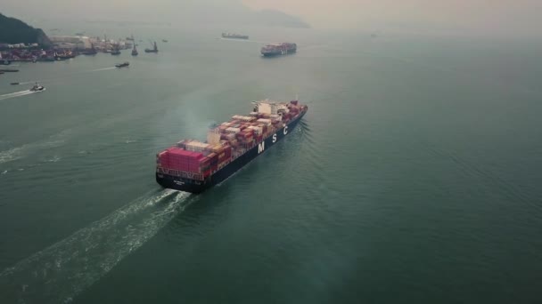 Aerial View Drone Footage Ocean Container Ship Hong Kong — Stock Video