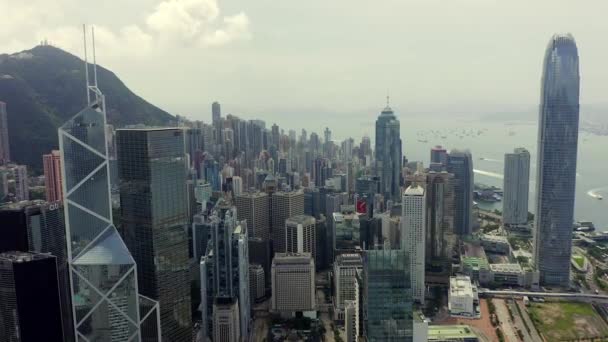 Беспилотный Летательный Аппарат Footage Modern Skyscrapers Hong Kong City Здания — стоковое видео