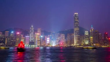 Business City şehir manzarası. Geceleyin ünlü The Peak View 'dan Hong Kong silueti. 4k Zaman Çizelgesi. 