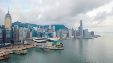 Victoria Limanı 'nın Hong Kong' daki 4km 'lik hava görüntüsü. Hong Kong şehrinde hiper hata..