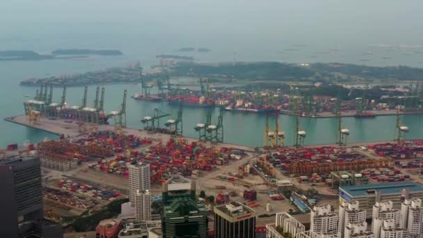 Drone Vista Aérea Filmagem Container Terminal Central Business District Singapura — Vídeo de Stock
