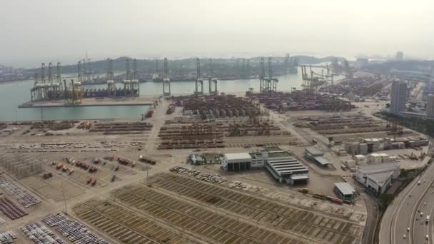 Drone Aerial View Видеозапись Грузовых Контейнеров Порту Сингапура Контейнерный Терминал — стоковое видео