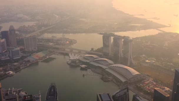 Drone Vista Aérea Filmación Singapore City Skyline Amanecer — Vídeo de stock