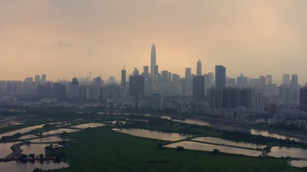 Flygfoto Drönare Bilder Skyline Shenzhen City Kina Skymningen Sett Från — Stockvideo