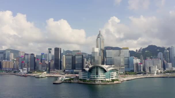 Aerial View Drone Opptak Moderne Skyskrapere Hongkong Bygninger Hongkong Viktoriahavnen – stockvideo