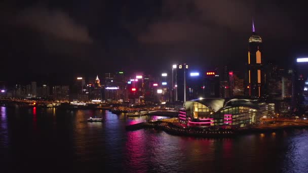 Беспилотник Эйриал Вью Съемки Современных Небоскребов Гонконге Здания Гонконге Гавань — стоковое видео