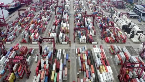 都市の輸出 輸入ビジネスと物流国際商品のコンテナ貨物船 香港ビクトリアハーバーのクレーンで港への出荷 空中ビュードローン4K映像 — ストック動画