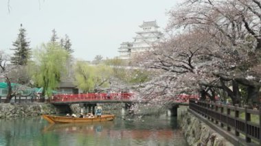 Japonya 'nın Himeji kentinde kiraz çiçekleri mevsiminde turistler Himeji kalesinde tekne turuna çıkarlar. Sakura çiçeği. Japonya, Himeji 'de kiraz çiçekleri ve kale. 05-04-2024 Video Yavaş çekim