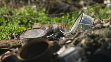 Çimlerin üzerinde bir çöp yığını. Çöpteki metal kutular. Çevre. Çöp sahasında paslı metal