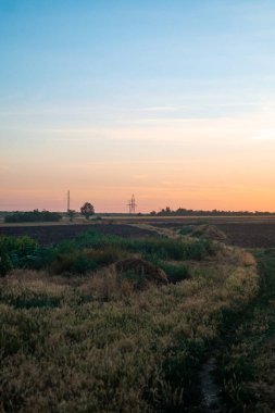 Yüksek voltajlı elektrik hatlarının arka planında mavi gökyüzü olan kırmızı gün batımı