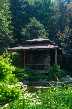 Parktaki ağaçların arasında Japon tarzında bir çardak. Asya tarzı ormanda ahşap bir ev.