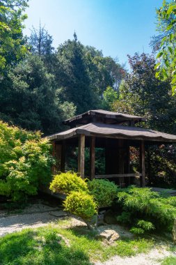 Parktaki ağaçların arasında Japon tarzında bir çardak. Asya tarzı ormanda ahşap bir ev.