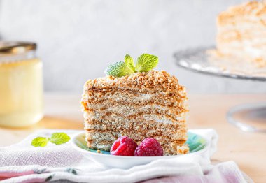 Piece of honey cake Medovik, layer cake decorated with berries on light background.