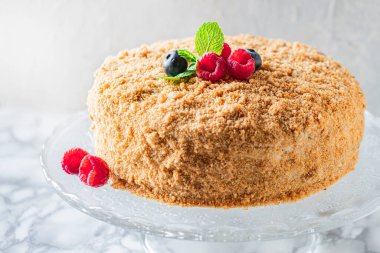 Sweet honey cake decorated with berries on light background.