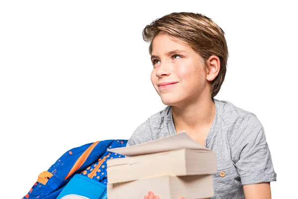 Portrait Schoolboy School Bag Books Teenager Smiling Looking Away Happy — Stock Photo, Image