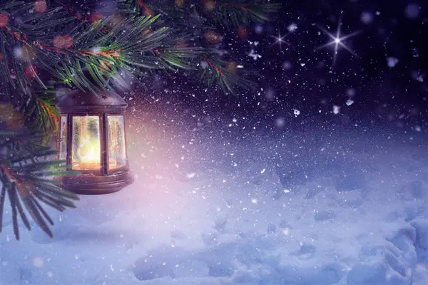 Linterna Navidad Cuelga Las Ramas Abeto Noche Invierno Copiar Espacio Imágenes de stock libres de derechos
