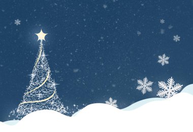 .Mavi Noel arkaplanı, kar taneleri ve Noel ağacı..
