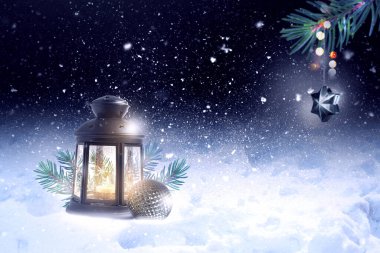 Christmas Lantern in the snow and toy hangs on spruce branches at winter night. clipart