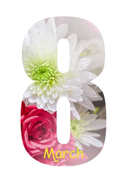 Number 8 greeting card design with beautiful flowers on white background. International Womens day.
