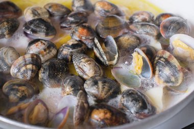 Taze pişmiş istiridye kabuklarını aç ve kapat. Yemek pişirme süreci