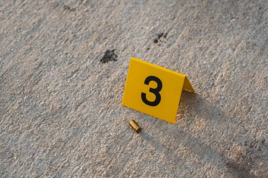 9 mm 'lik kovanlı pirinç mermi kovanından sonra sokakta sarı bir suç mahalli delili var.