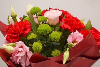 Beautiful spring flowers on white background. Festive floral composition gift boxes. Valentine's day, Womens day, mothers day greeting card . Top view flat lay.