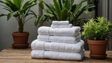 Saksı bitkilerinin yanına dizilmiş beyaz havlular.