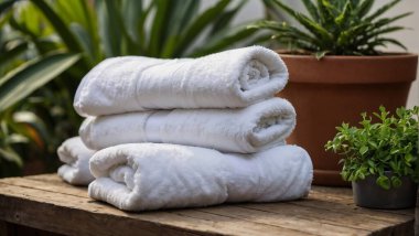 Saksı bitkilerinin yanına dizilmiş beyaz havlular.