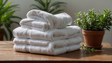 Saksı bitkilerinin yanına dizilmiş beyaz havlular.