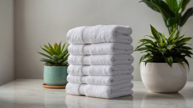 Saksı bitkilerinin yanına dizilmiş beyaz havlular.