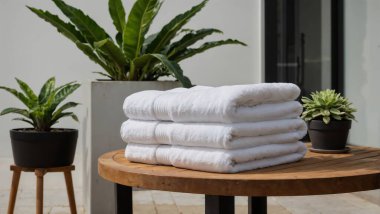 Saksı bitkilerinin yanına dizilmiş beyaz havlular.