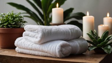 Saksı bitkilerinin yanına dizilmiş beyaz havlular.