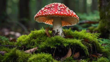 Yosun kaplı orman zemininde agarik uç