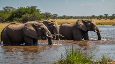 Savana nehrinde yıkanan bir Afrika fili sürüsü..