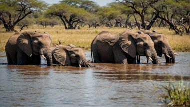 Savana nehrinde yıkanan bir Afrika fili sürüsü..